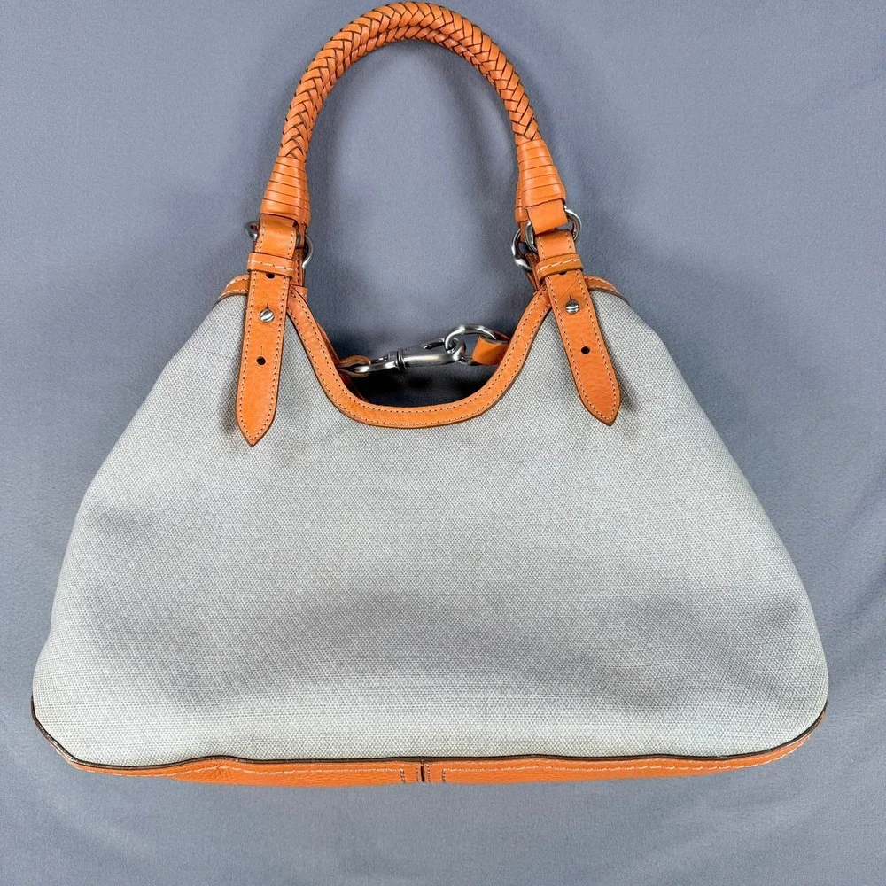 Cole Haan Genevieve Hobo Bag Canvas‎ Leather Orange Tan Large Braided Silver HW